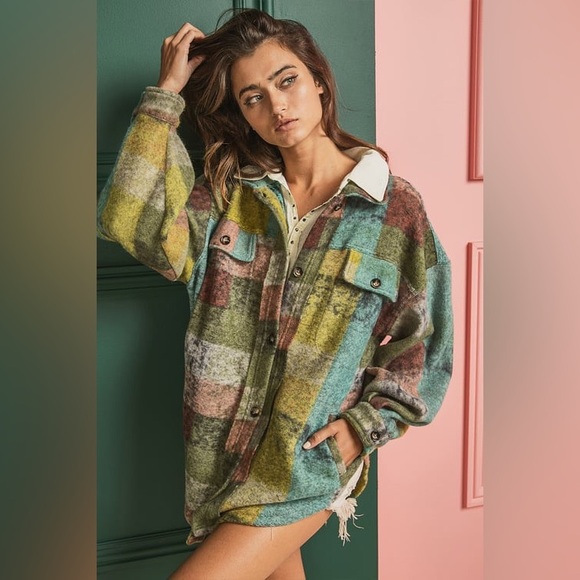 Shop Stevie Jackets & Blazers - Shop Steveie Button Up Check Plaid Shirt Jacket Shacket with Pockets-Green XL